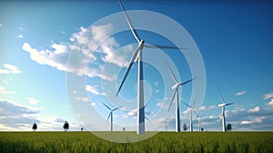 Wind turbines on the green field against the blue sky. Production of renewable green energy. Sustainable development