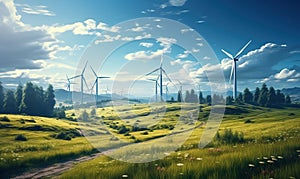 Wind Turbines in Green Field. Generative AI