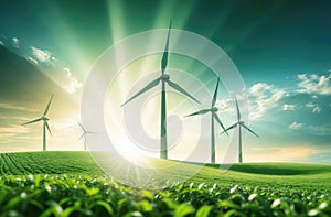 Wind turbines on the green field, green energy, renewable energy sources