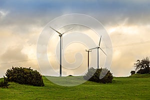 Wind turbines in a green field on the horizon on a cloudy day at sunset