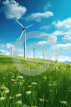 wind turbines in a green field on a sunny day