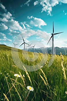 wind turbines in a green field on a sunny day