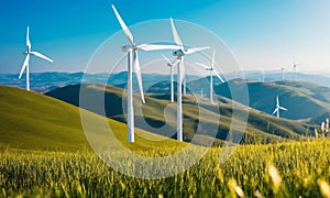 Wind turbines in a green field on a sunny day. Alternative energy source.