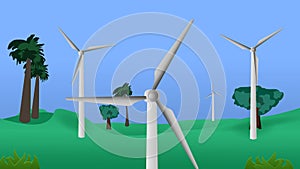 Wind turbines of green field with trees video animation