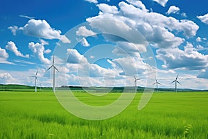 wind turbines in a green field under cumulus clouds