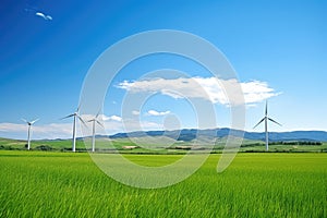 wind turbines in a green grass field against a clear sky