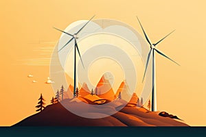 Wind turbines on the green hills against the colorful sunset sky. Production of renewable green energy. g. Generative AI