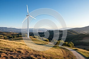 Wind turbines on the green hills against the colorful sunset sky. Production of renewable green energy. g. Generative AI