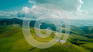 Wind turbines on a green hills farm. Alternative energy source. Sustainability and net zero concept, Generative AI