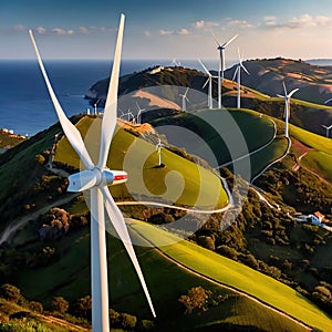 Wind turbines on green hills scenery, renewable eco friendly wind energy generators