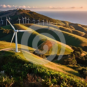 Wind turbines on green hills scenery, renewable eco friendly wind energy generators