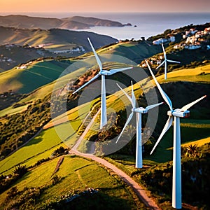 Wind turbines on green hills scenery, renewable eco friendly wind energy generators