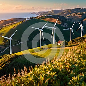 Wind turbines on green hills scenery, renewable eco friendly wind energy generators