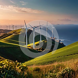 Wind turbines on green hills scenery, renewable eco friendly wind energy generators