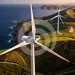 Wind turbines on green hills scenery, renewable eco friendly wind energy generators