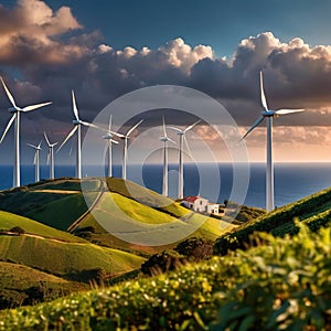 Wind turbines on green hills scenery, renewable eco friendly wind energy generators