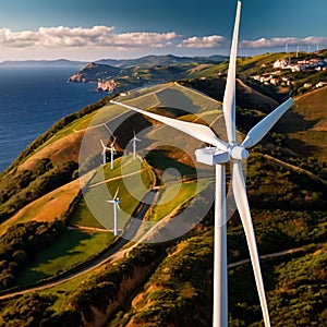 Wind turbines on green hills scenery, renewable eco friendly wind energy generators