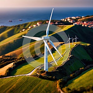 Wind turbines on green hills scenery, renewable eco friendly wind energy generators