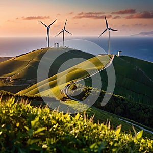 Wind turbines on green hills scenery, renewable eco friendly wind energy generators