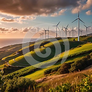 Wind turbines on green hills scenery, renewable eco friendly wind energy generators