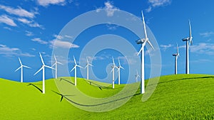 Wind turbines on green hills at sunny day