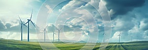 Wind Turbines on Green Landscape Under Cloudy Sky