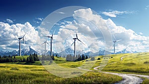 Wind turbines on a green meadow with mountains in the background., generative ai