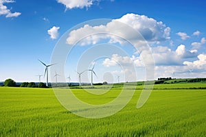 wind turbines in a green, open field