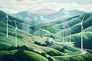 Wind turbines harmoniously generate green electric energy in a natural environment