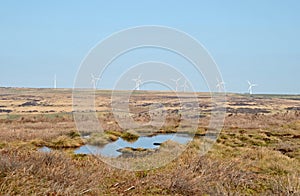 Wind turbines on high pennine moorland taken from midgley moor with peat bog ponds and pennine landscape