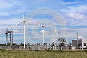 Wind turbines with high voltage electrical power pylon substation for renewable wind energy