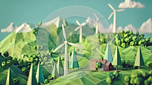 Wind Turbines and House on Green Hill