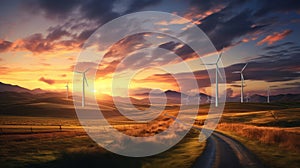 Wind turbines line dirt road during sunset, Wind turbines and dirt road in field at sunset