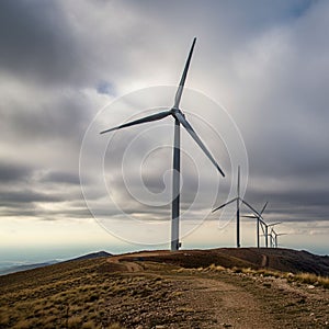 Wind turbines line a grassy hillside under a cloudy sky. The turbines have tall steel photo