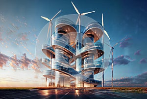 Wind turbines in a modern city at sunset. 3D rendering., generative ai