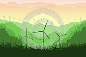 Wind turbines on a mountains background in the forest. A wind farm in a beautiful landscape. Windmill ecological renewable power.