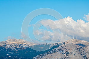 Wind turbines in the mountains of Greek island Kefalonia