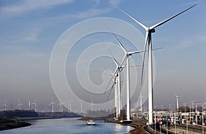 Wind turbines near canal in Rotterdam