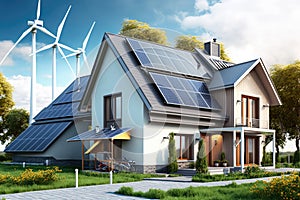 Wind Turbines Near A Twostory House With Solar Panels. Generative AI