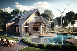 Wind Turbines Near A Twostory House With Solar Panels. Generative AI