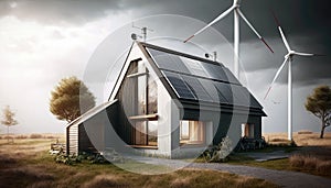Wind Turbines Near A Twostory House With Solar Panels. Generative AI