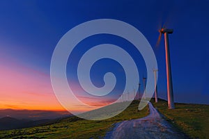 Wind turbines in Oiz eolic park at night