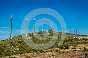 Wind turbines onshore on the south coast on Evia, Greece