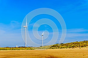 Wind Turbines at the Oosterschelde inlet at the Neeltje Jans island at the Delta Works Storm Surge Barrier in Zeeand Province