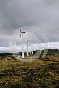 Wind turbines on an open field