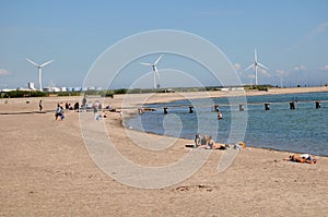 Wind turbines park and cargo ship passes in international water