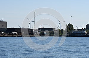 Wind turbines park in danish water in sea of Denmark