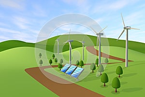 Wind turbines and photovoltaics. Natural energy. 3D illustration