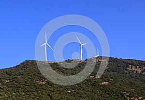 Wind turbines in the plain in the hills.