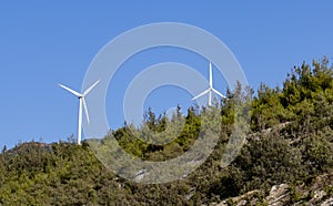 Wind turbines in the plain in the hills.